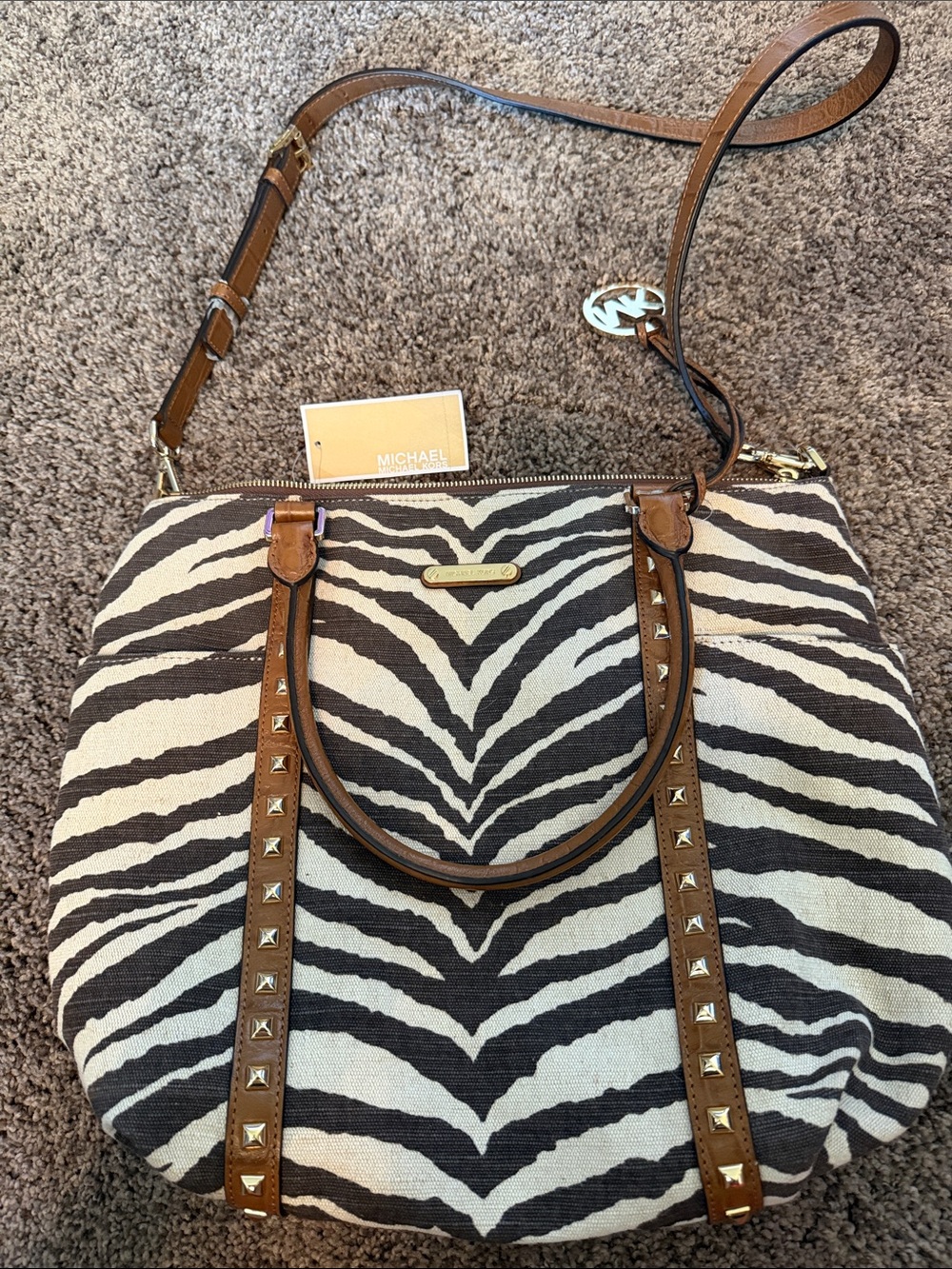 Michael Kors Brown & Cream Zebra-Print Shoulder Bag with Studded Trim